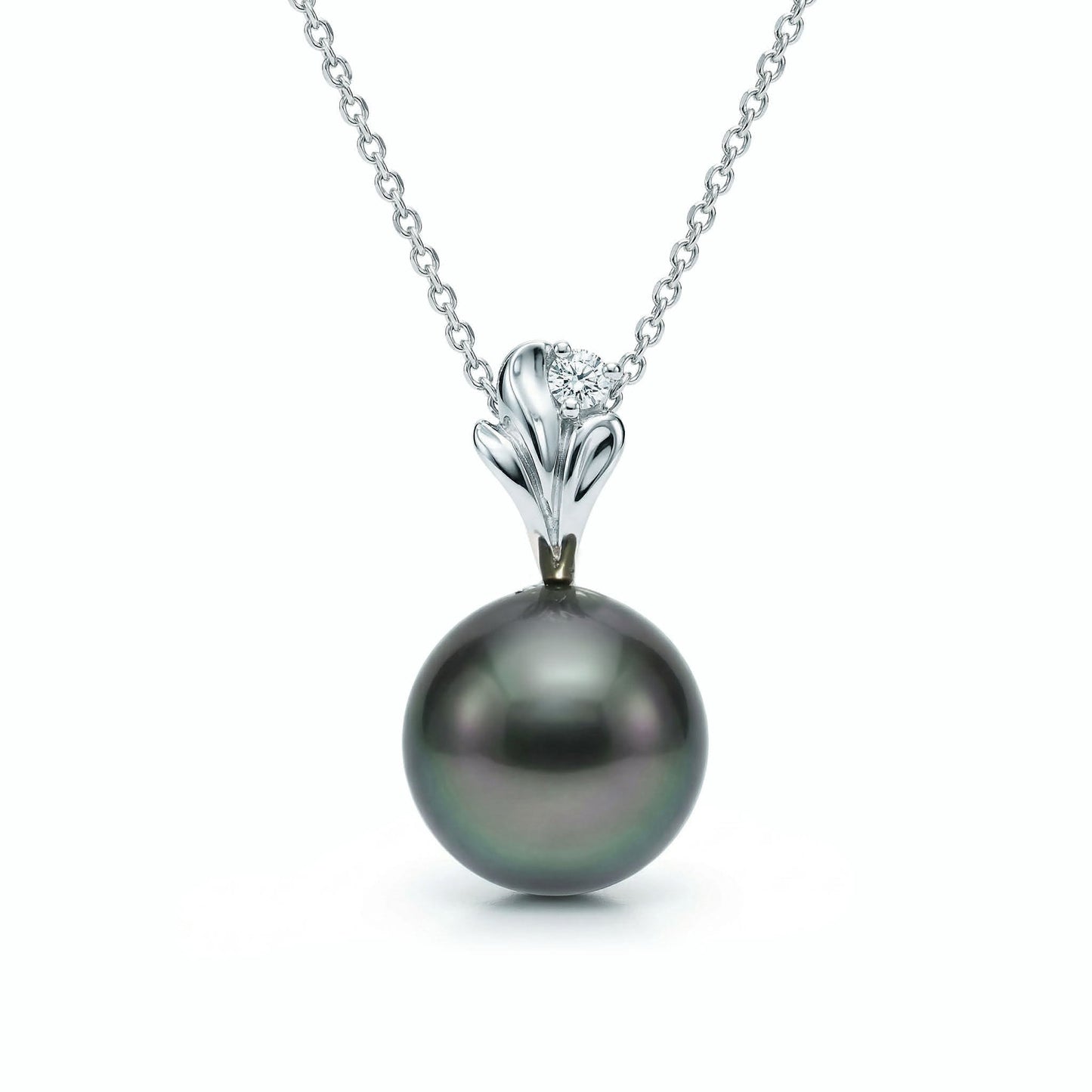 White gold splash pendant necklace with a 10mm tahitian pearl and diamond accent, on a 14k white gold chain. Item No. 41906