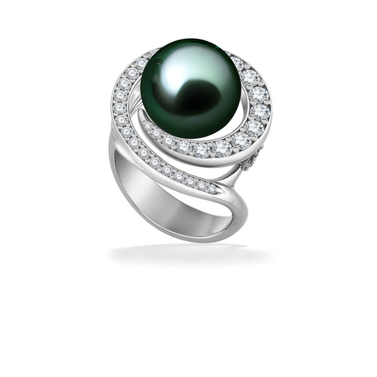 White gold wave ring with Tahitian pearl center surrounded by a pavé-lined diamond halo-like setting. Item No. 41357