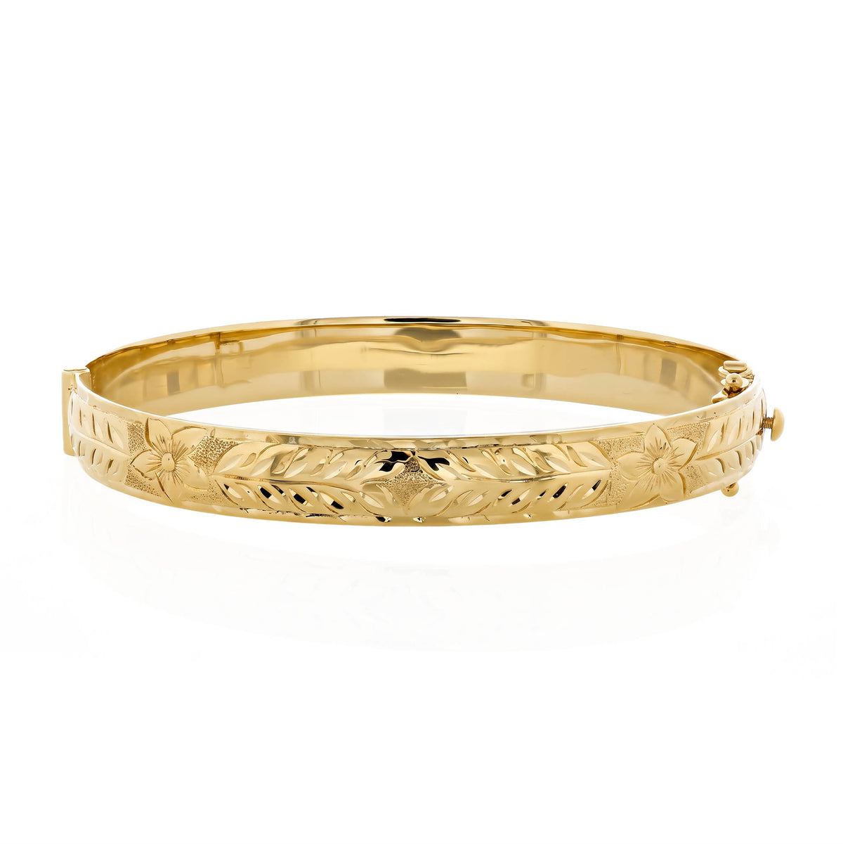 14K yellow gold hinged bangle, engraved Flower Maile scroll pattern and scalloped edging, 8 millimeters wide. Item No. 60503