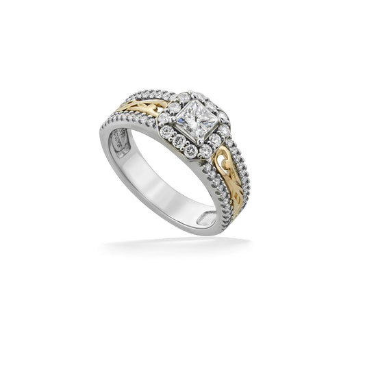 Princess cut halo engagement ring in white gold with yellow gold Nalani filigree in between pavé-set diamonds. Item No. 41880