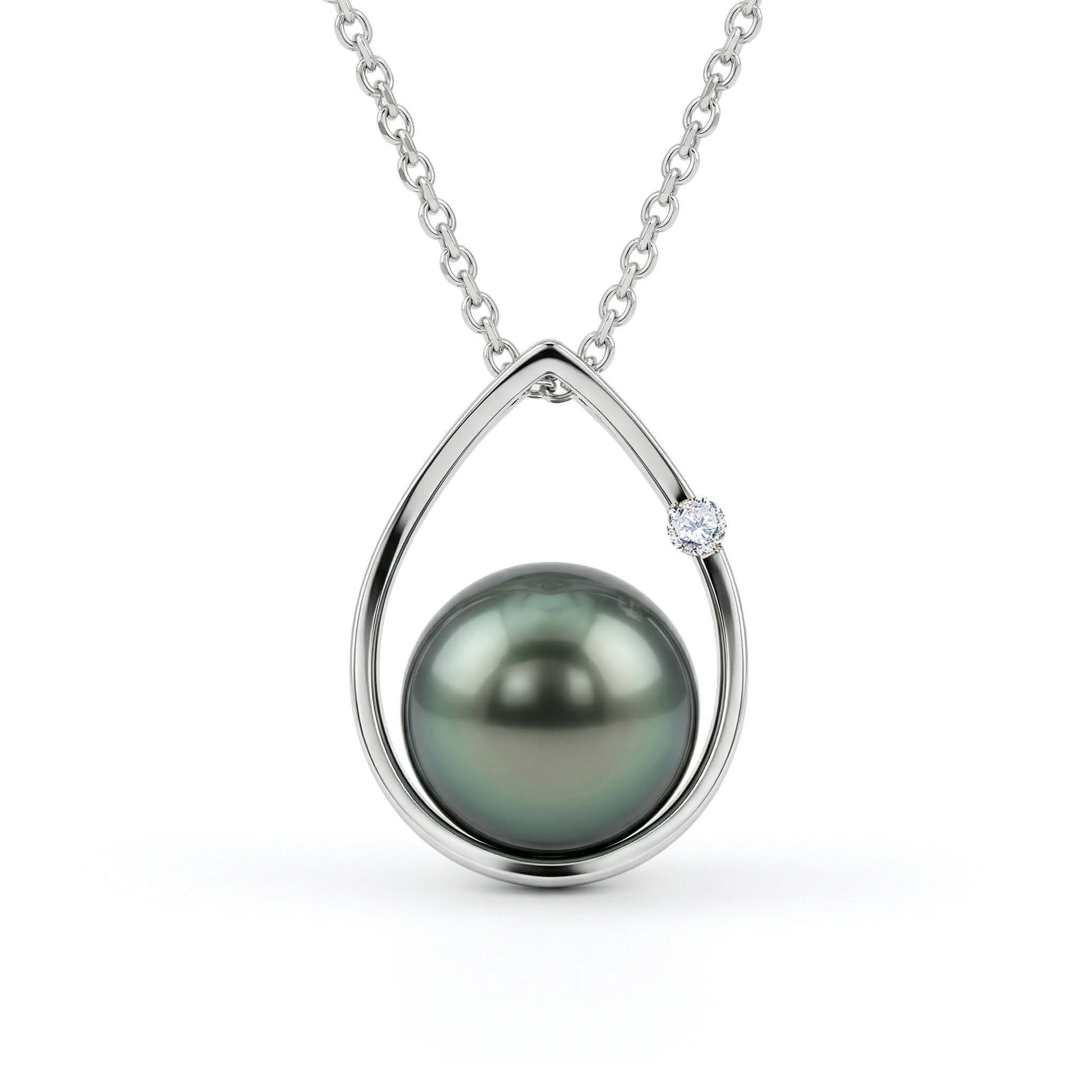 White gold teardrop-shaped pendant with a 7mm peacock Akoya pearl and a single diamond accent on a chain. Item No. 41326