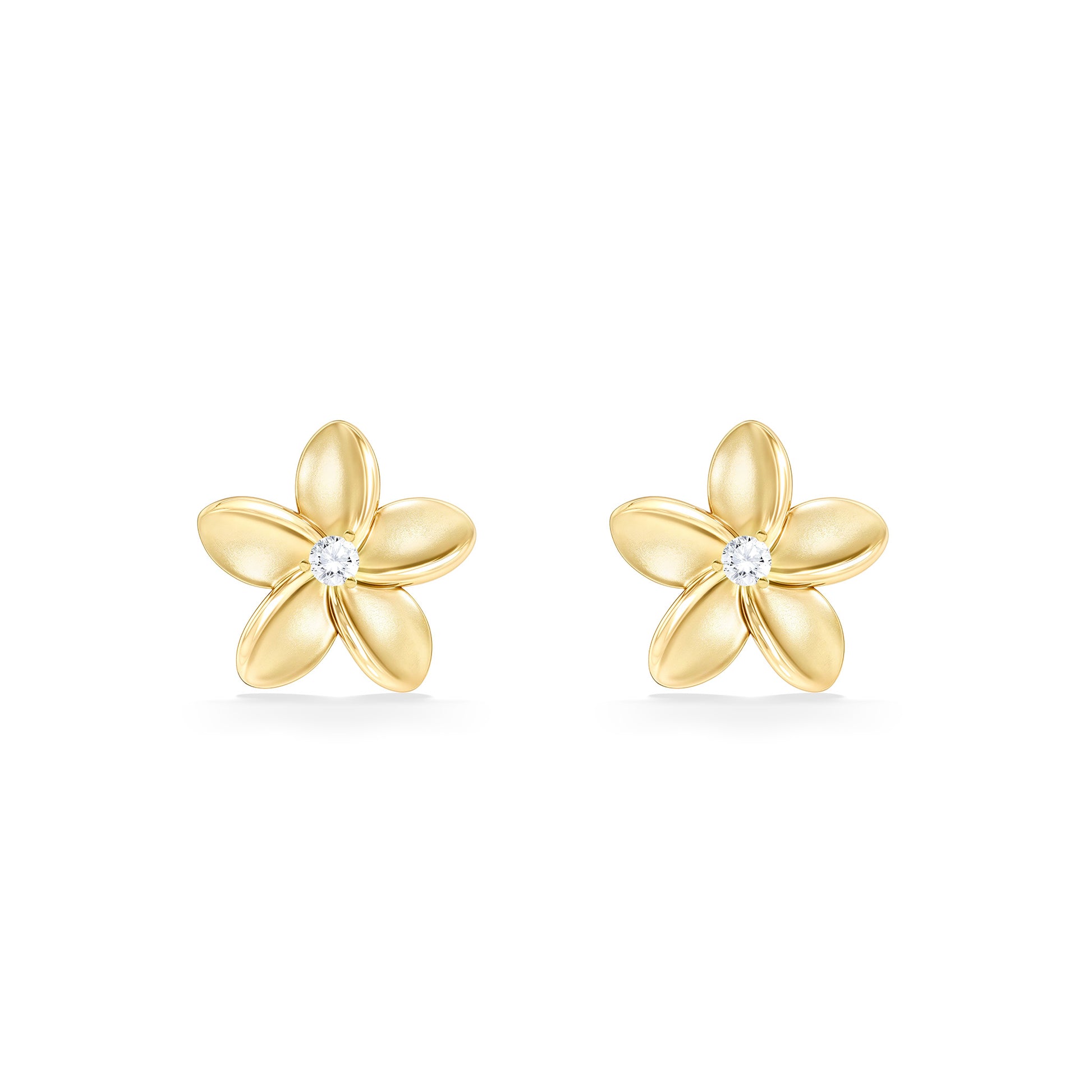 Iconic plumeria stud earrings in 14k yellow gold with diamonds at the center of each flower. Item No. 41081
