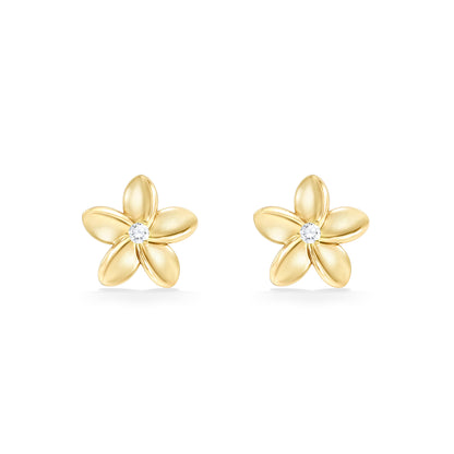 Iconic plumeria stud earrings in 14k yellow gold with diamonds at the center of each flower. Item No. 41081