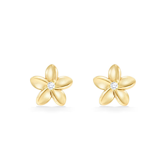 Iconic plumeria stud earrings in 14k yellow gold with diamonds at the center of each flower. Item No. 41081