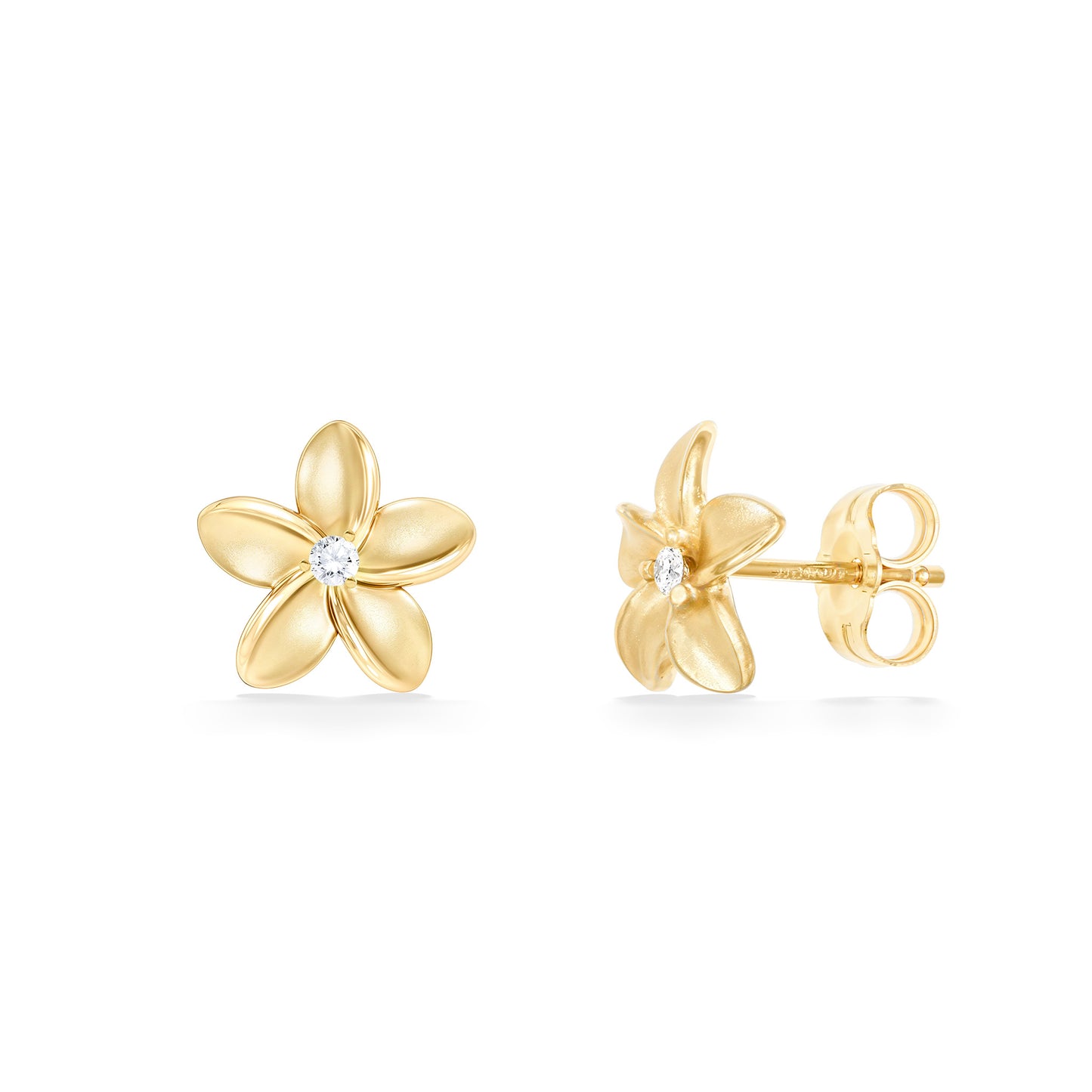 Yellow gold plumeria studs with center diamonds. Right side tilted view to show earnut & post. Item No. 41081