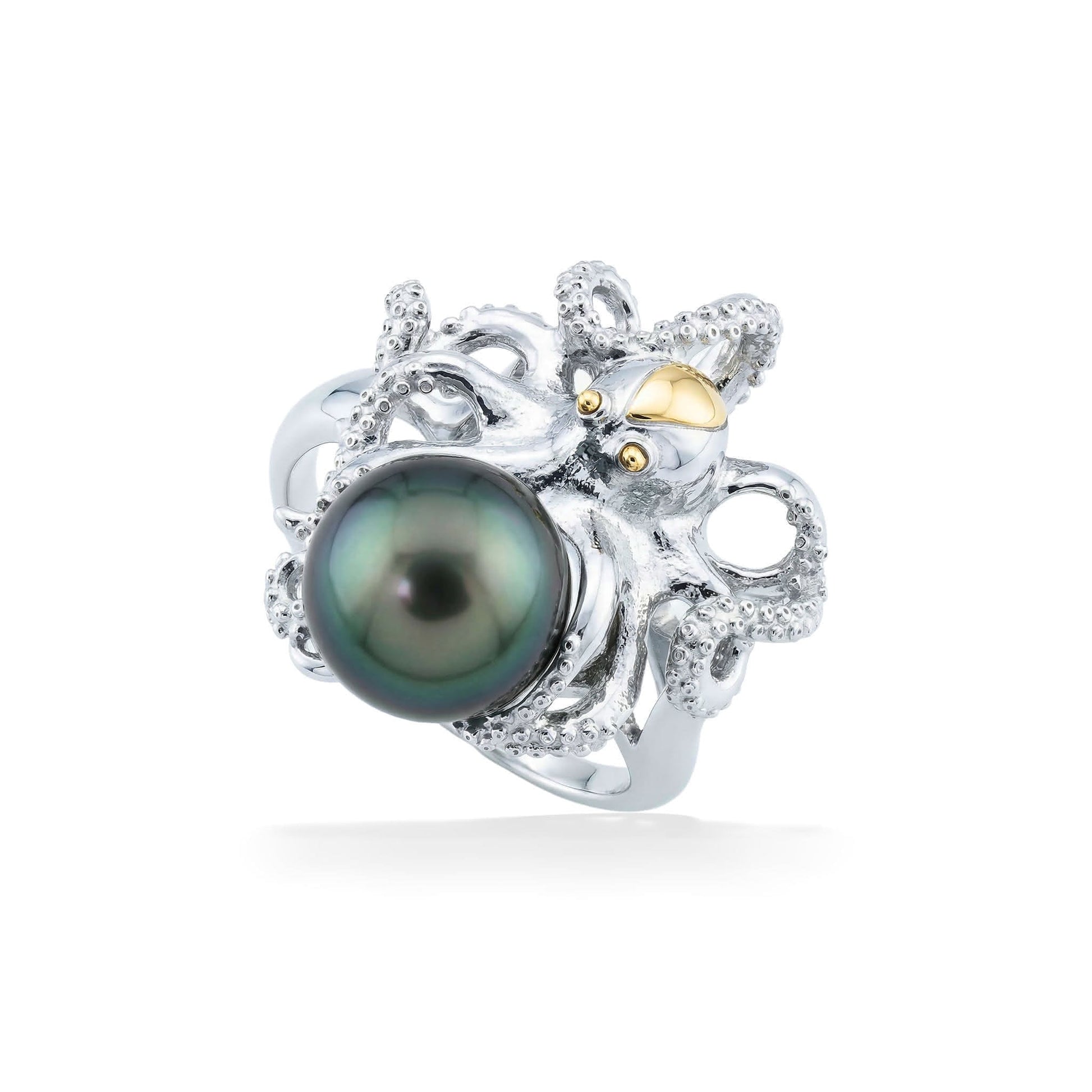 Detailed sterling silver octopus ring featuring a 9mm tahitian pearl and gold accents on the head and eyes. Item No. 41261