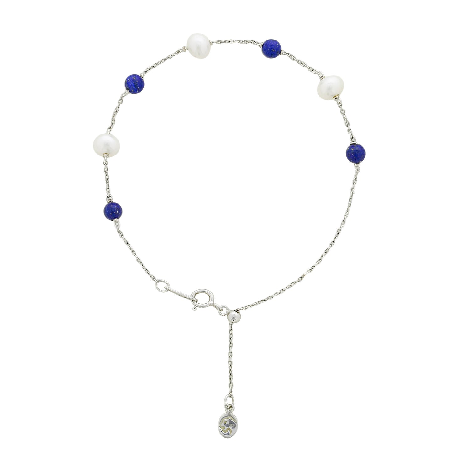 Bracelet alternating white freshwater pearls & lapis beads on a sterling silver chain with adjustable clasp. Item No. 700738