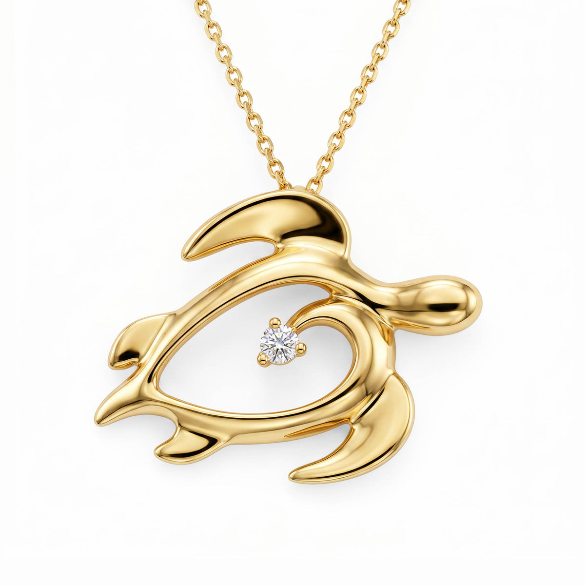 Honu (Hawaiian Sea Turtle) pendant with hollow center in the shape of a heart, showcasing a diamond. Item No. 41051