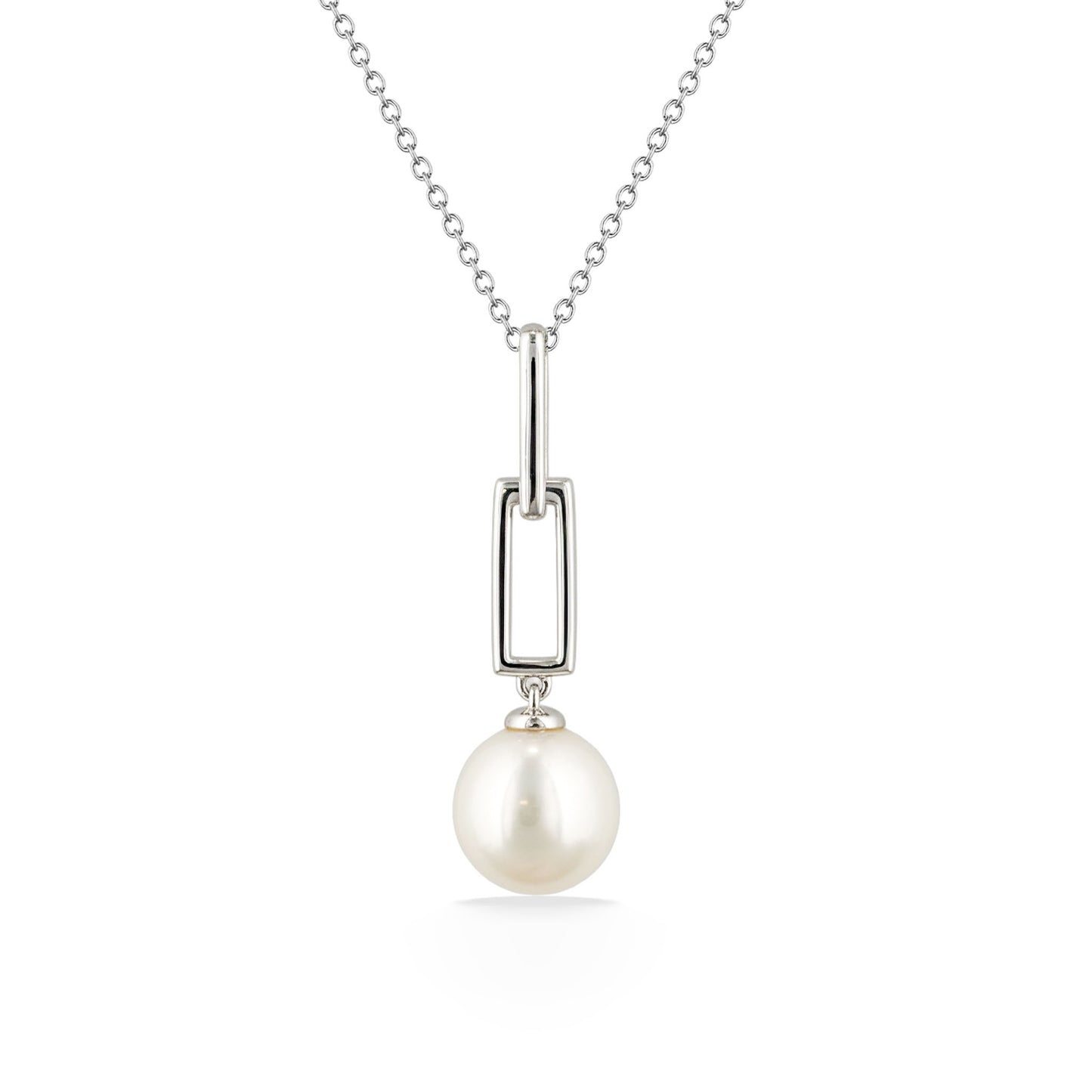 Sterling silver open link pendant with a white freshwater pearl drop suspended from sleek rectangular links. Item No. 700733