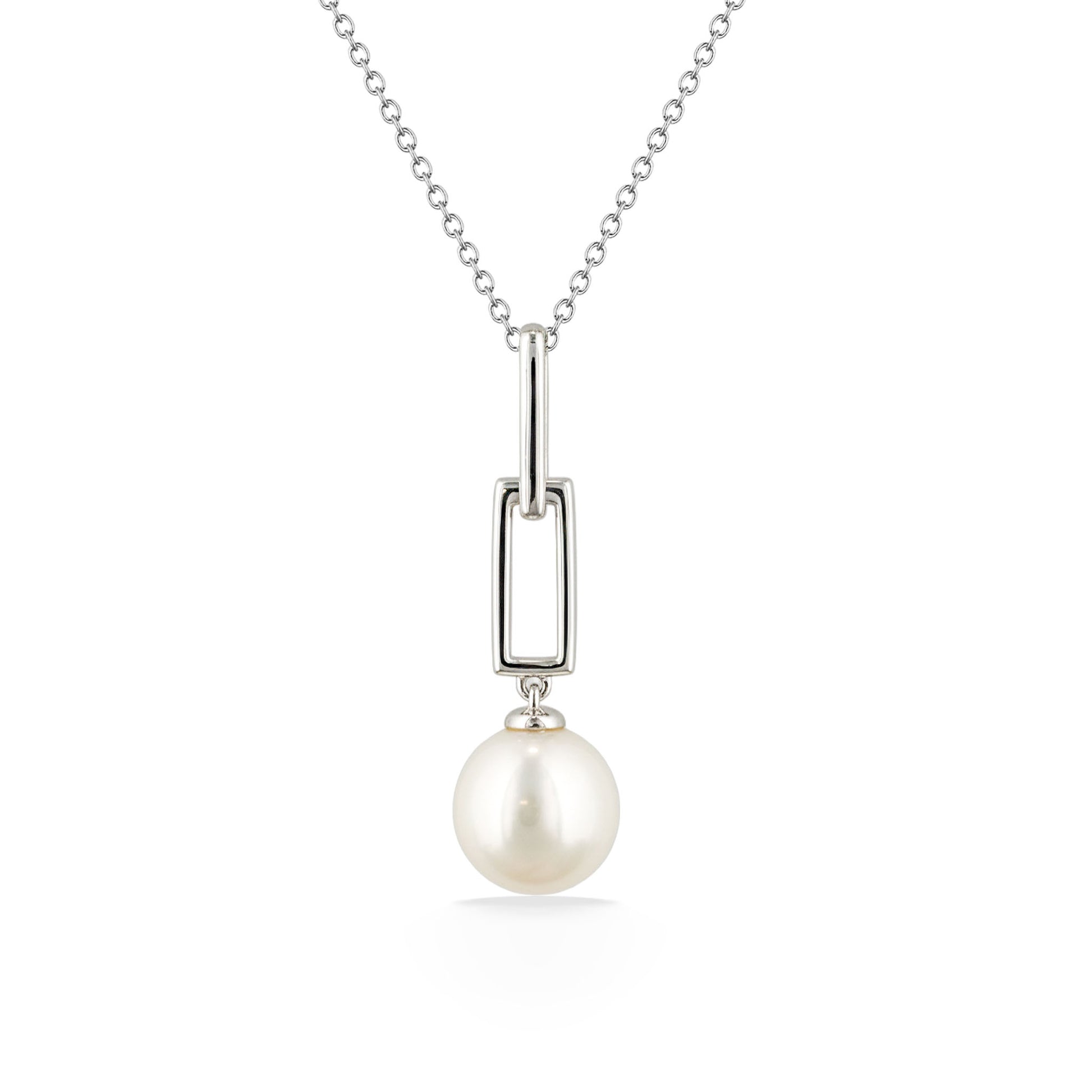 Sterling silver open link pendant with a white freshwater pearl drop suspended from sleek rectangular links. Item No. 700733
