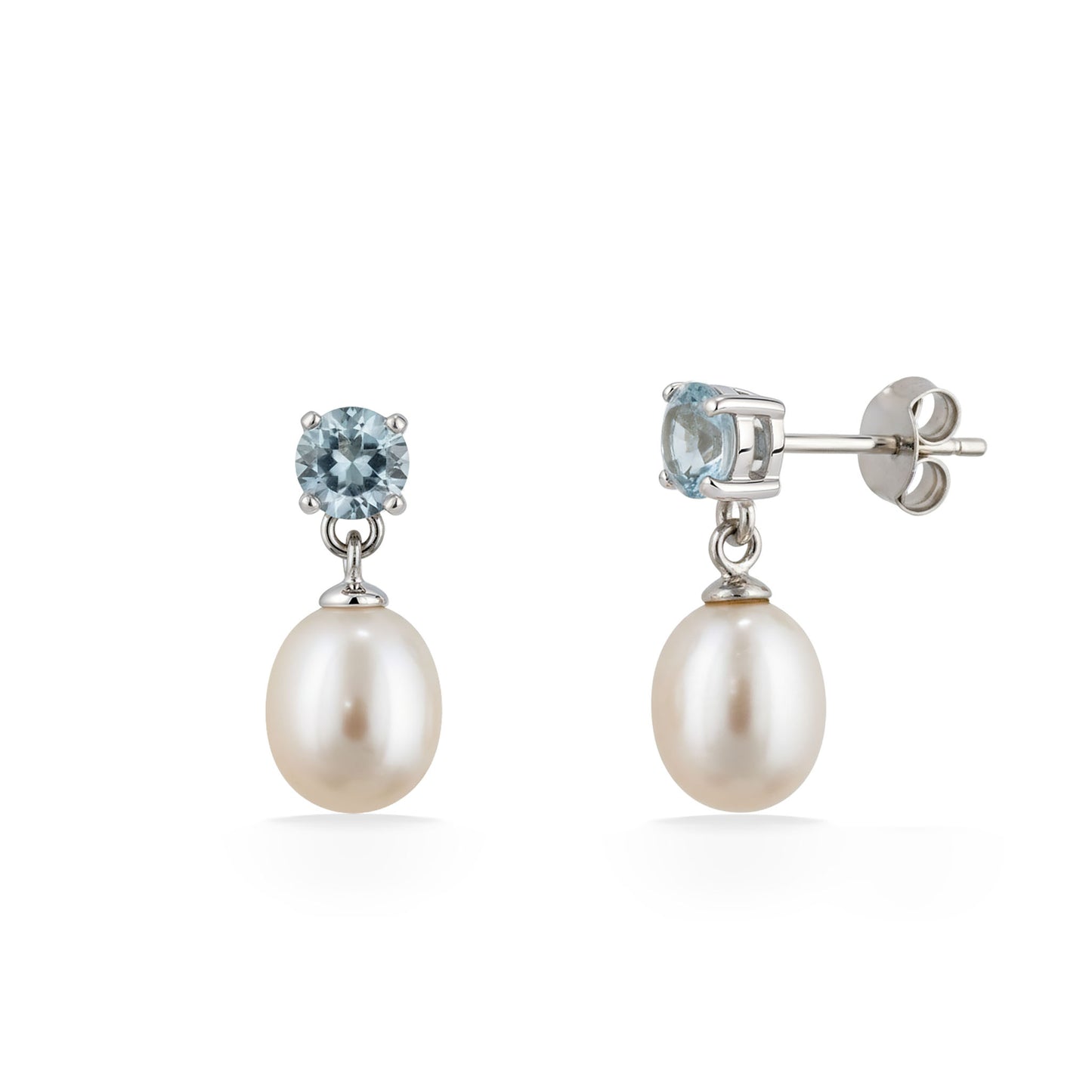 Sterling silver drop earrings with round blue topaz studs and teardrop-shaped white freshwater pearl dangles. Item No. 700734