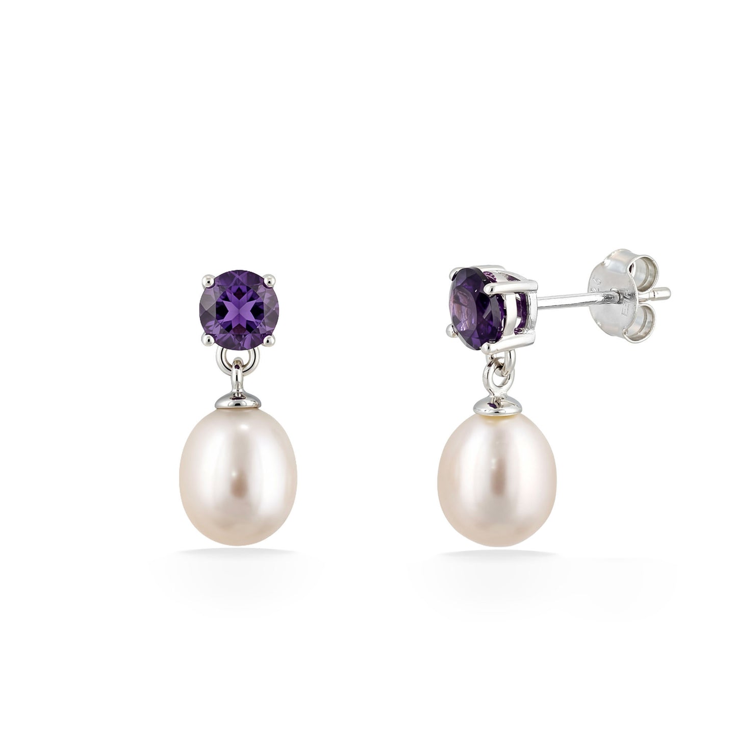 Amethyst stud earrings paired with luminous white freshwater pearl drops set in polished sterling silver. Item No. 700735