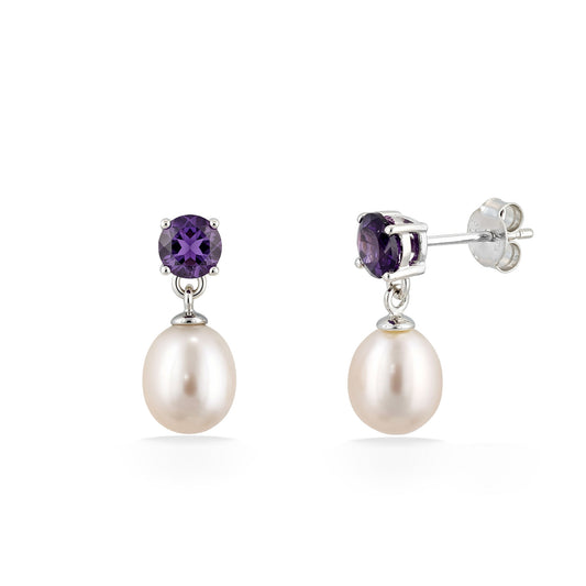 Amethyst stud earrings paired with luminous white freshwater pearl drops set in polished sterling silver. Item No. 700735
