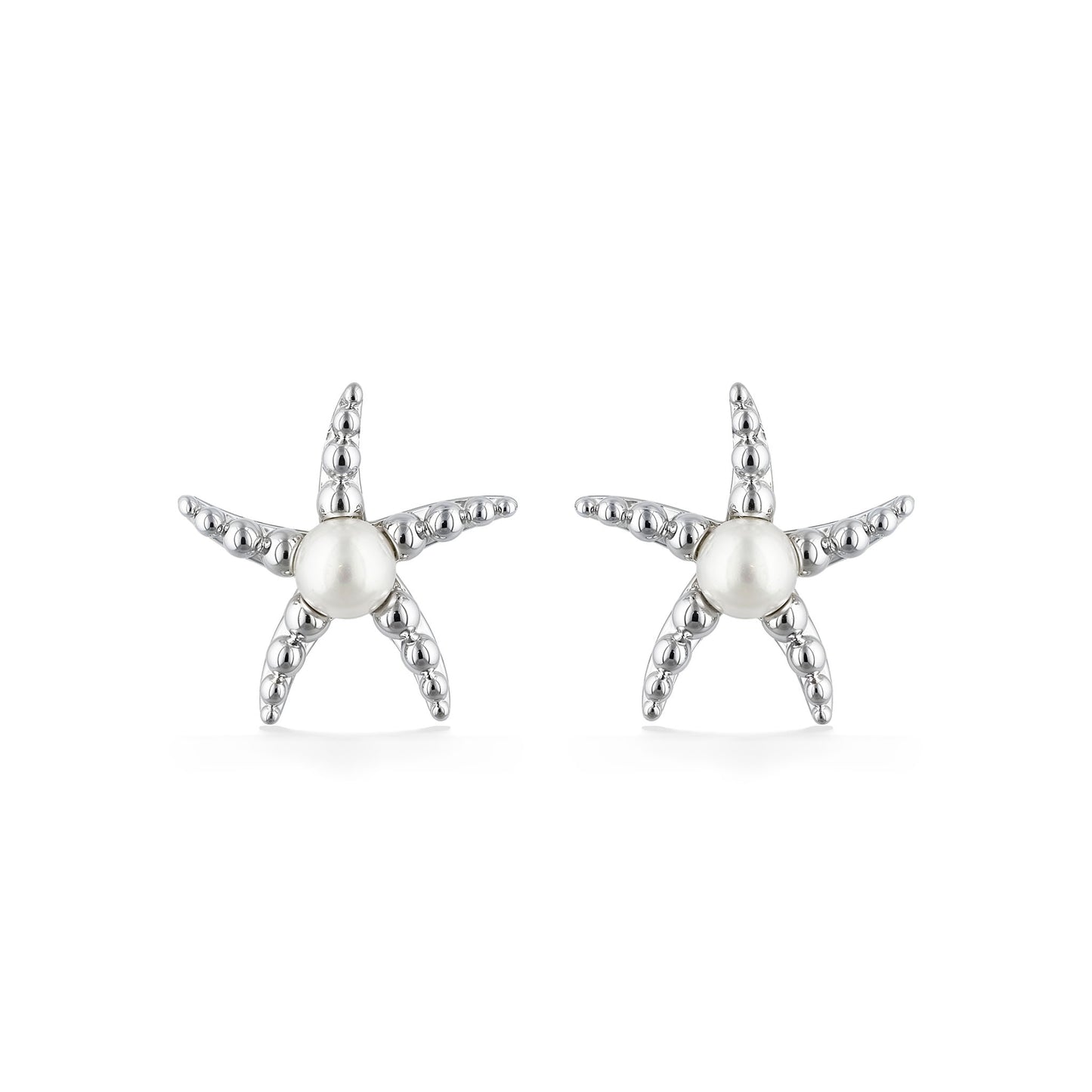 Starfish stud earrings featuring round white freshwater pearls at the center and matte beaded arms. Item No. 700720