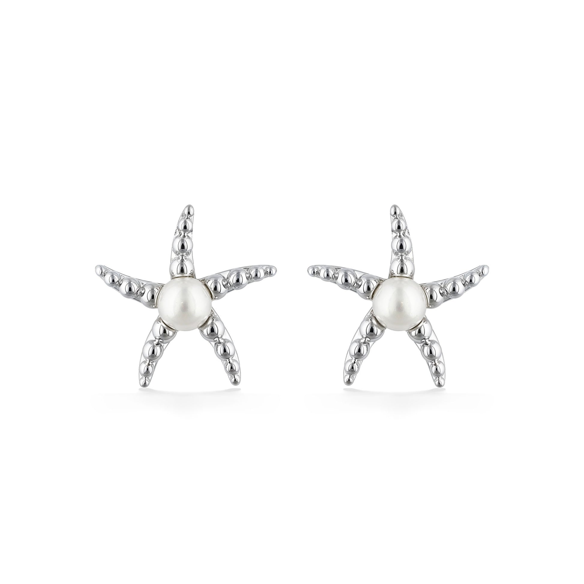 Starfish stud earrings featuring round white freshwater pearls at the center and matte beaded arms. Item No. 700720