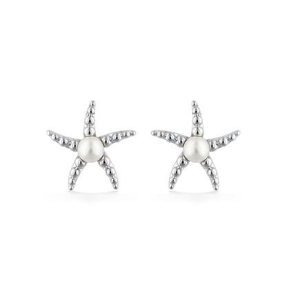 Starfish stud earrings featuring round white freshwater pearls at the center and matte beaded arms. Item No. 700720