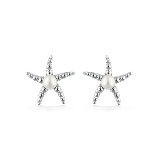 Starfish stud earrings featuring round white freshwater pearls at the center and matte beaded arms. Item No. 700720