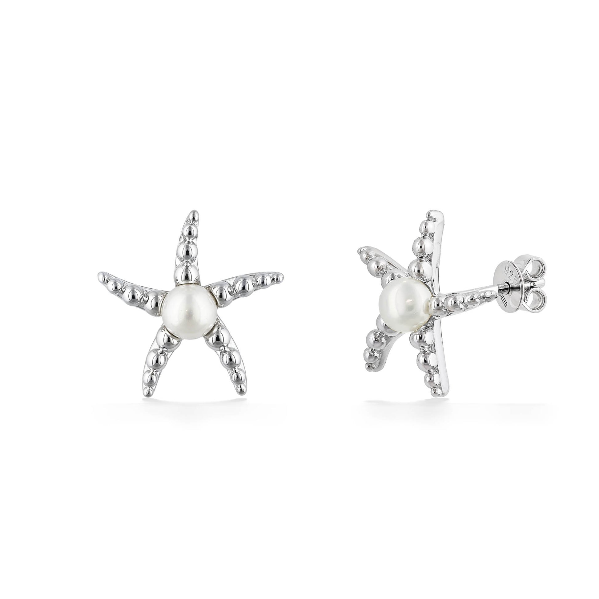Starfish pearl stud earrings shown from front & side angles, highlighting the smooth backs & earnuts. Item No. 700720