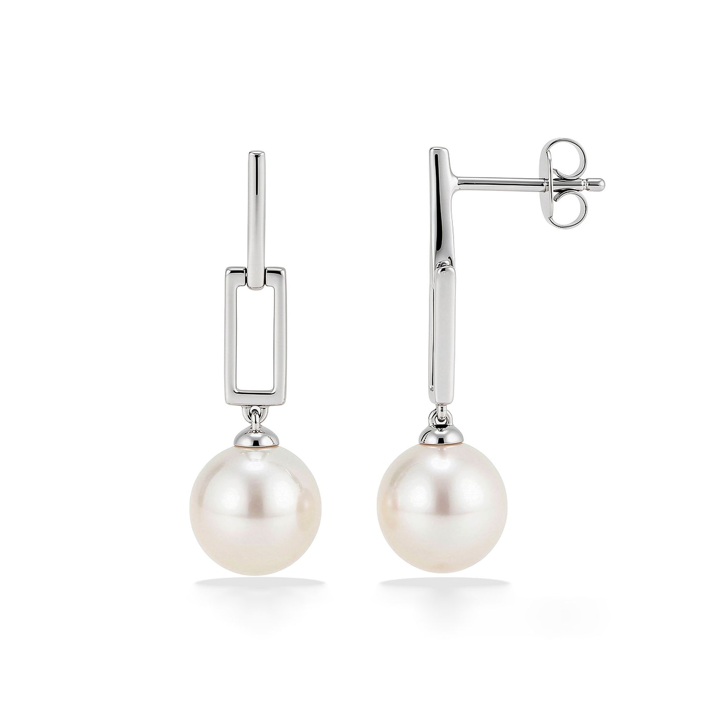 Sterling silver earrings with sleek, open rectangular bars and white freshwater pearls suspended beneath. Item No. 700721