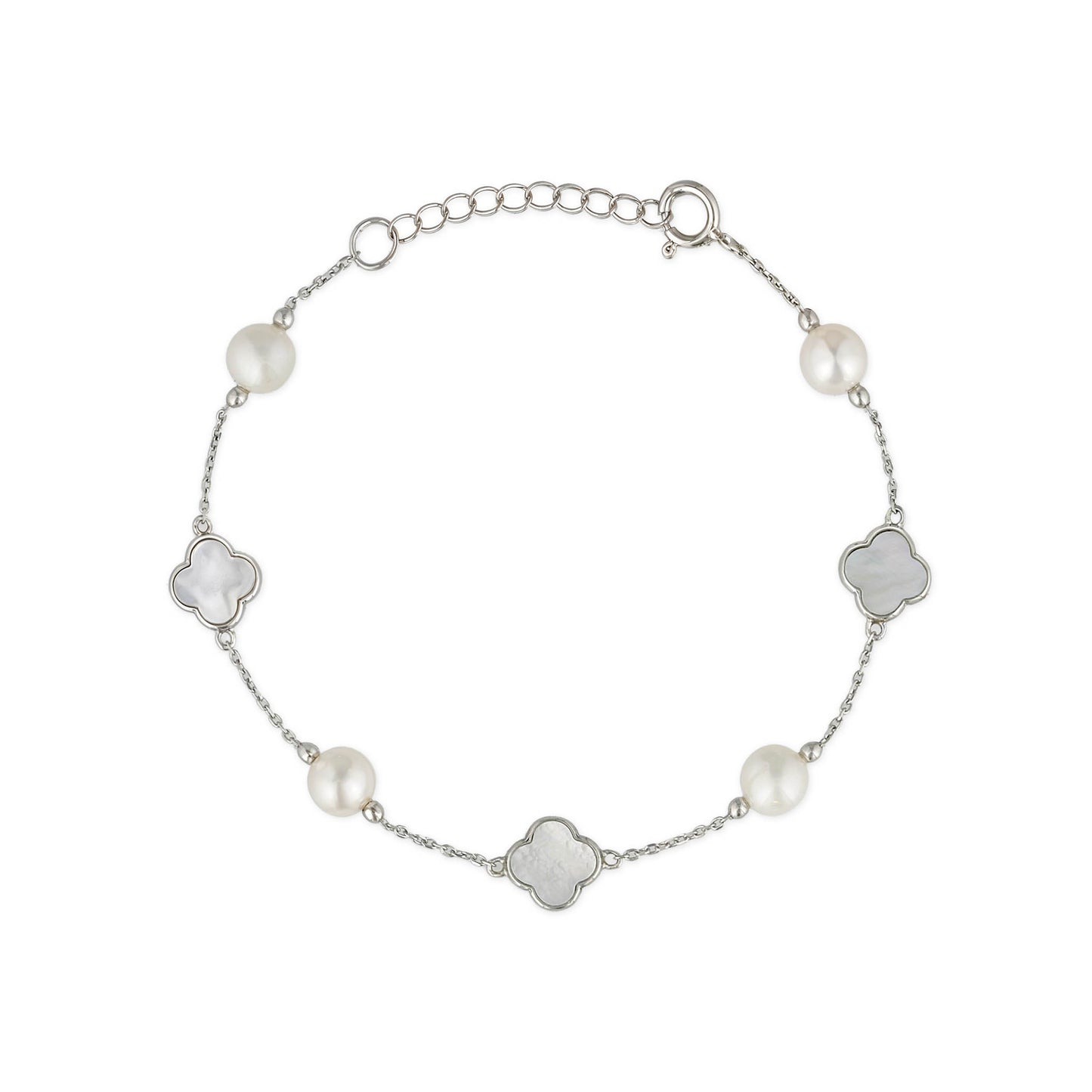 Sterling silver bracelet with alternating white freshwater pearls & clover-shaped mother-of-pearl stations. Item No. 700696