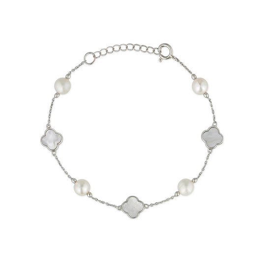 Sterling silver bracelet with alternating white freshwater pearls & clover-shaped mother-of-pearl stations. Item No. 700696