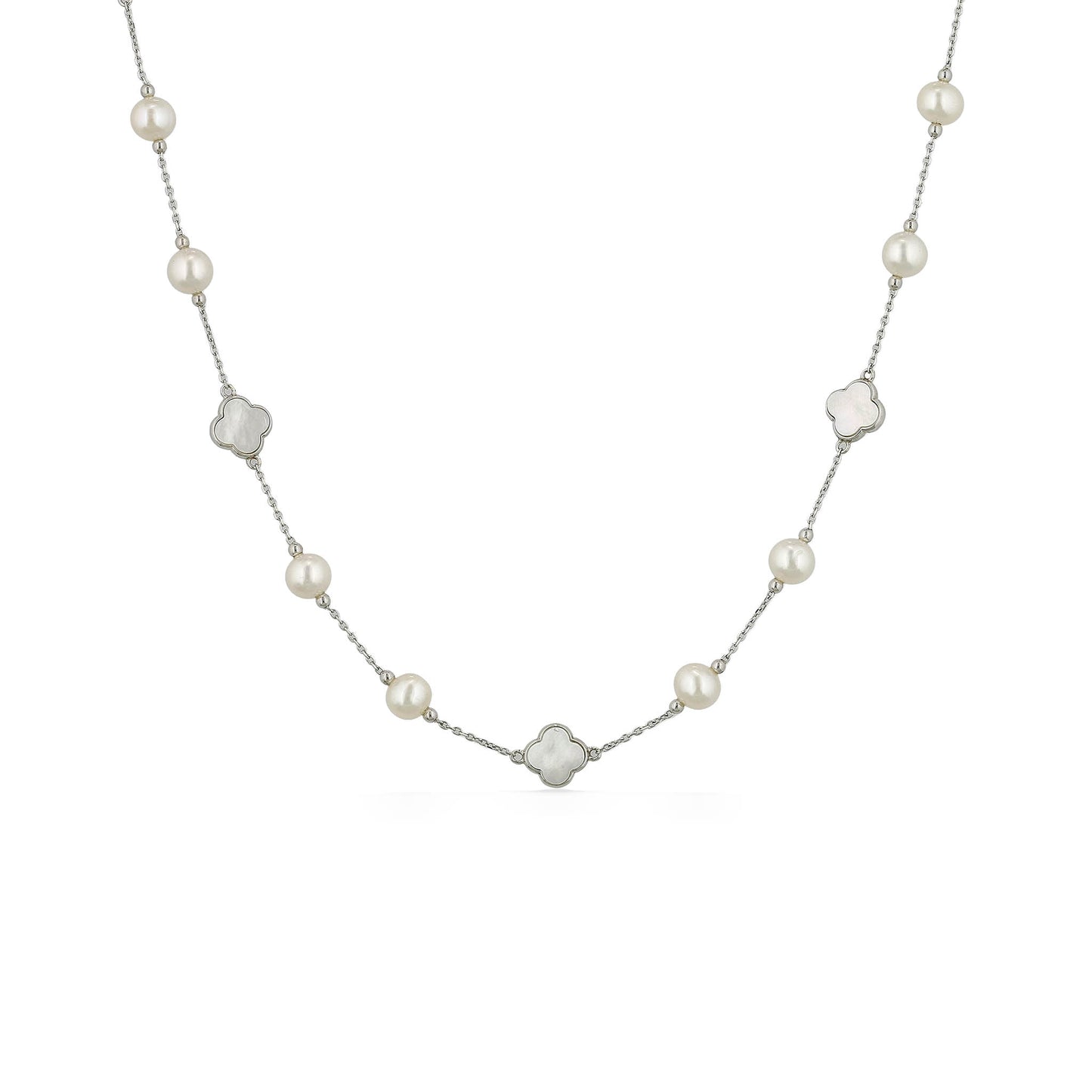 Alternating white freshwater pearls & mother-of-pearl clovers evenly spaced along sterling silver chain. Item No. 700697
