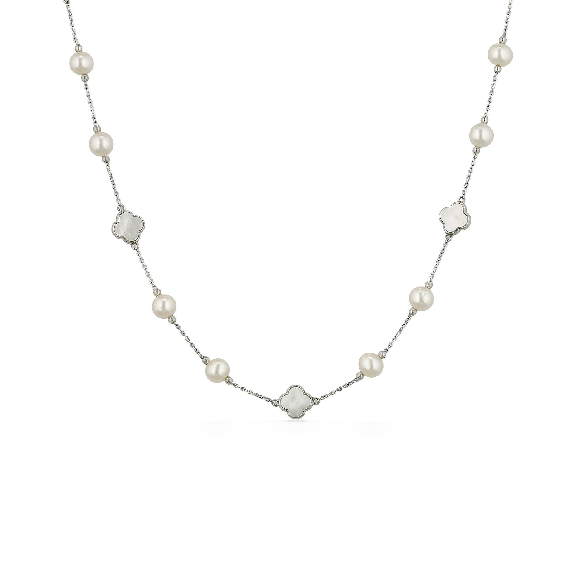 Alternating white freshwater pearls & mother-of-pearl clovers evenly spaced along sterling silver chain. Item No. 700697