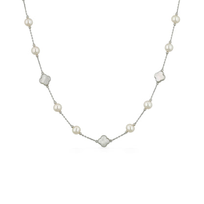 Alternating white freshwater pearls & mother-of-pearl clovers evenly spaced along sterling silver chain. Item No. 700697