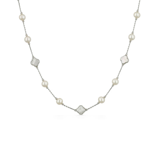 Alternating white freshwater pearls & mother-of-pearl clovers evenly spaced along sterling silver chain. Item No. 700697