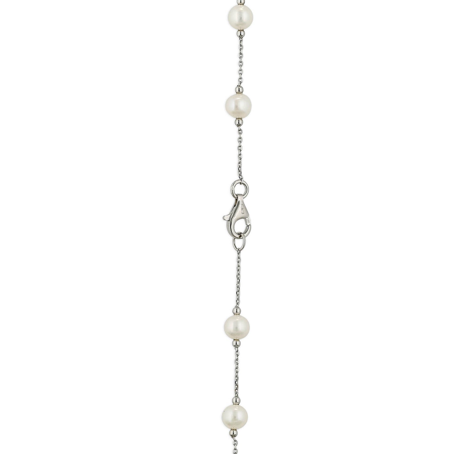Close-up of the pearl and sterling silver chain necklace showing the lobster clasp and detailed links. Item No. 700697