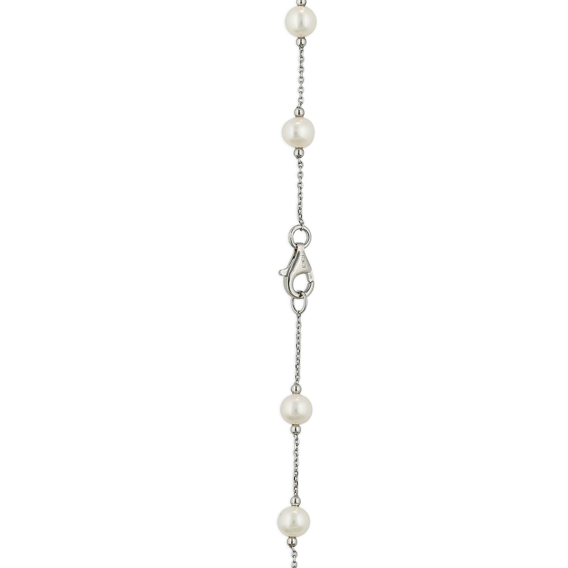 Close-up of the pearl and sterling silver chain necklace showing the lobster clasp and detailed links. Item No. 700697