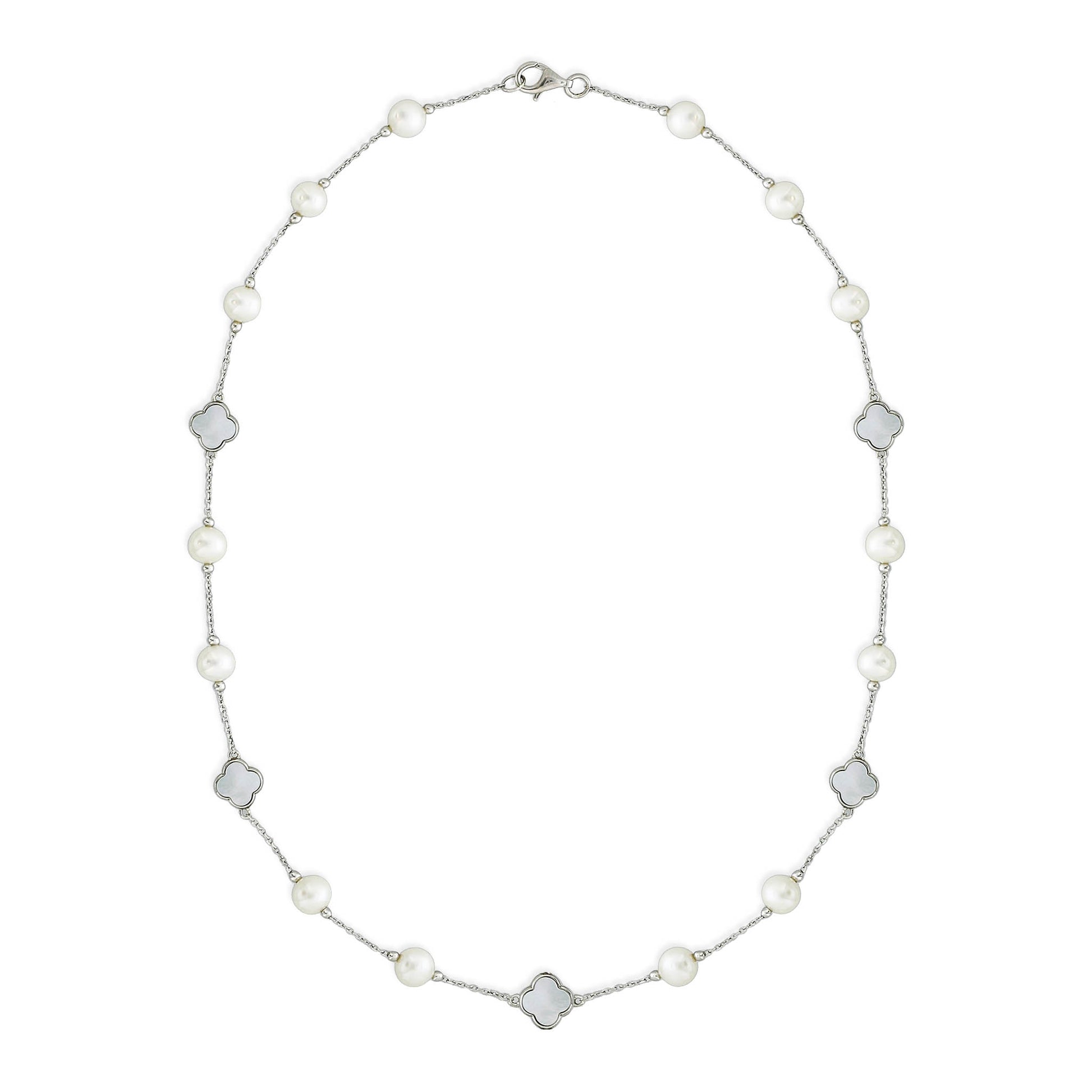 Full view of pearl and mother-of-pearl station necklace arranged in an elegant continuous design. Item No. 700697