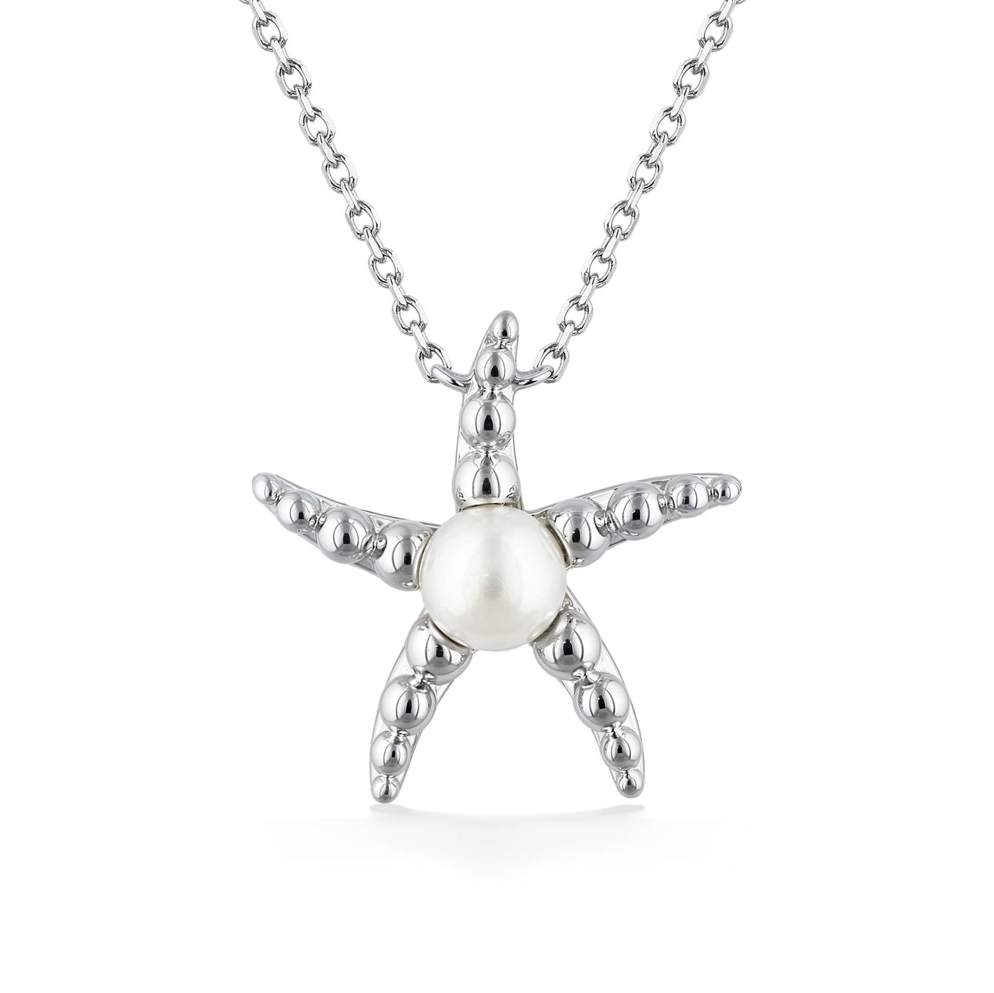 Starfish pendant featuring a round white freshwater pearl at the center & matte textured beaded arms. Item No. 700698
