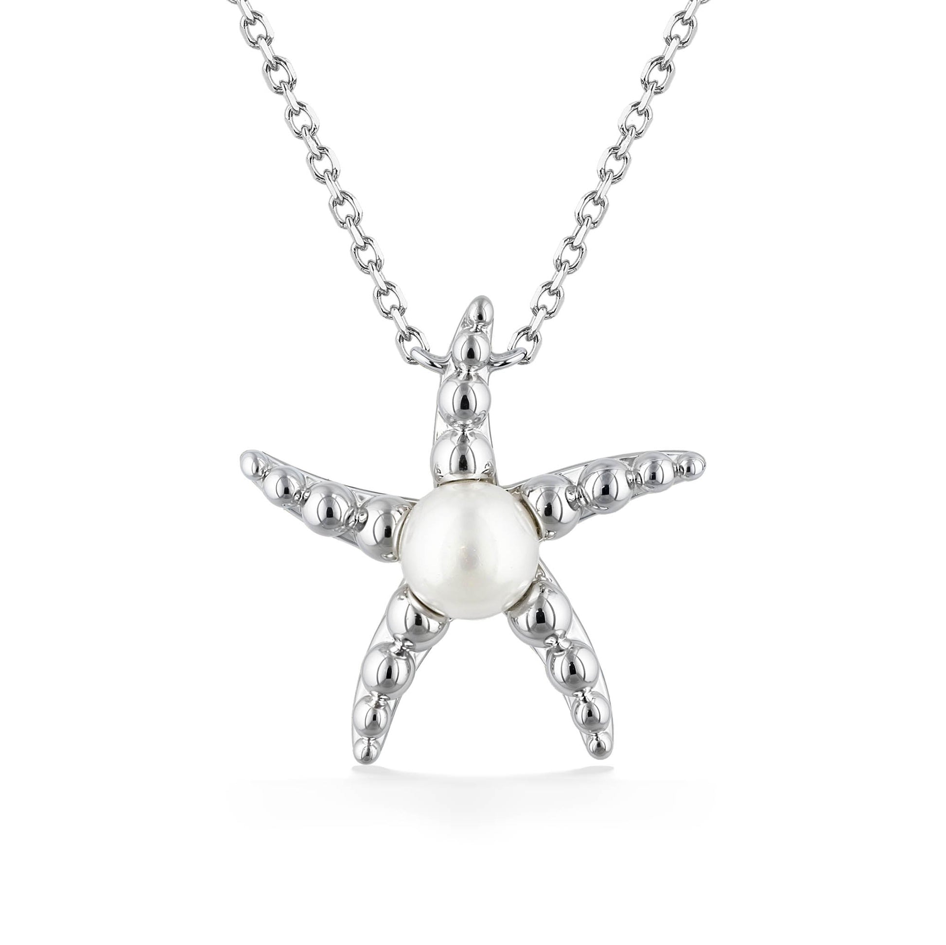 Starfish pendant featuring a round white freshwater pearl at the center & matte textured beaded arms. Item No. 700698