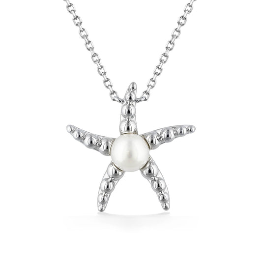 Starfish pendant featuring a round white freshwater pearl at the center & matte textured beaded arms. Item No. 700698