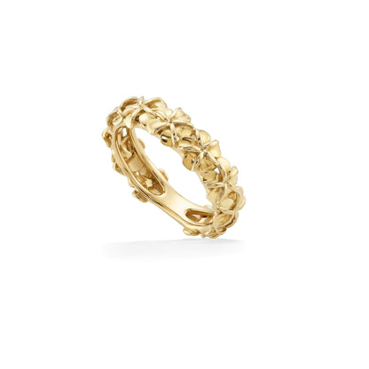 Gold plumeria flower band ring with textured petals and floral detail, crafted to resemble a Hawaiian lei. Item No. 40978