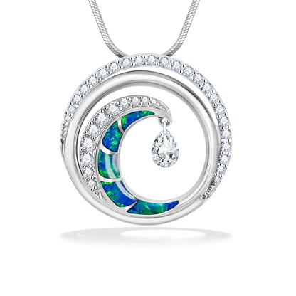 White Gold Ultimate Wave Pendant with Opal & Diamond rows. Center oval shimmer diamond. Item 40819