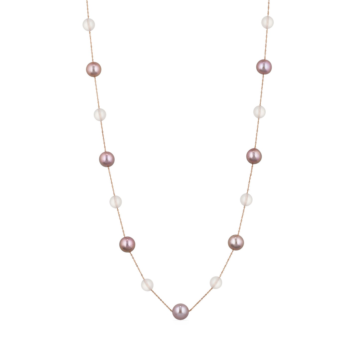 Rose gold station necklace featuring alternating pink freshwater pearls & rose quartz beads spaced evenly. Item No. 700675