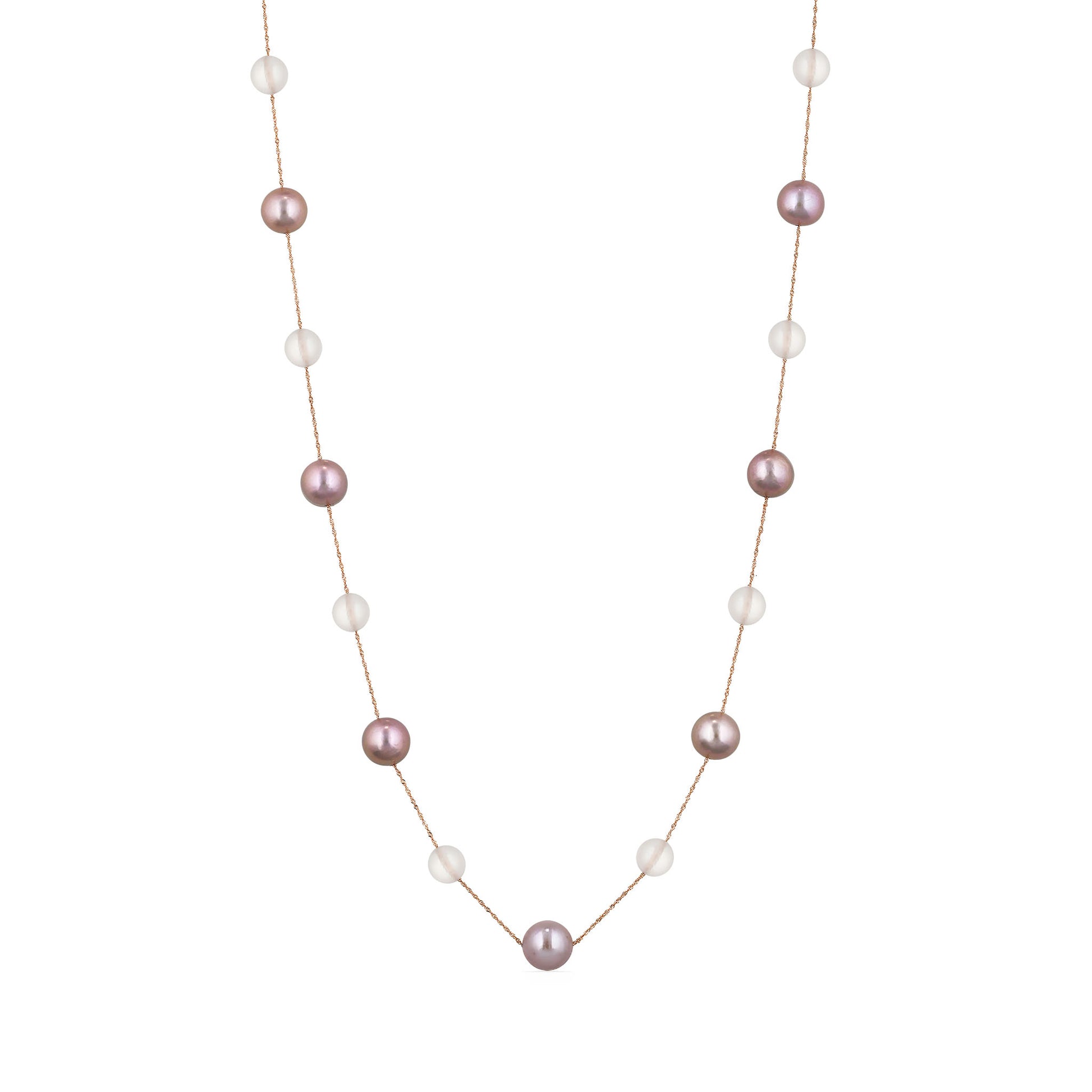 Rose gold station necklace featuring alternating pink freshwater pearls & rose quartz beads spaced evenly. Item No. 700675