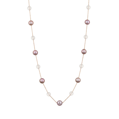 Rose gold station necklace featuring alternating pink freshwater pearls & rose quartz beads spaced evenly. Item No. 700675