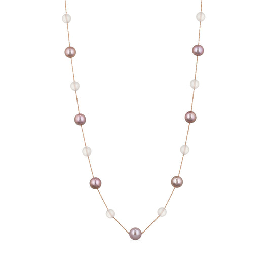 Rose gold station necklace featuring alternating pink freshwater pearls & rose quartz beads spaced evenly. Item No. 700675