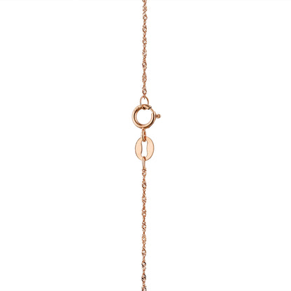 Close-up view of rose gold necklace clasp with spring ring closure and textured chain detail. Item No. 700675