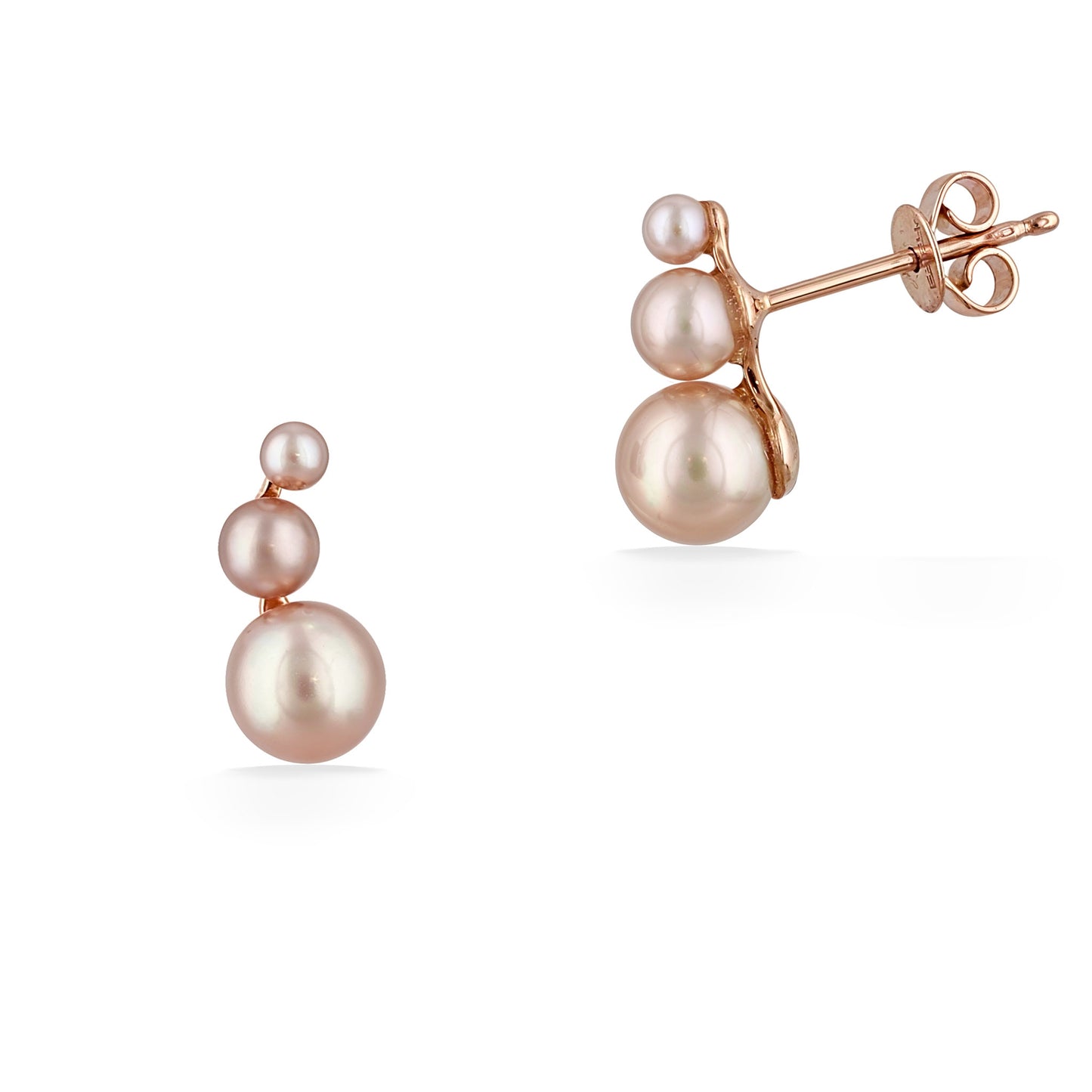 From the side, the rose gold setting reveals layered pearls with a smooth post & secure earnuts. Item No. 700677