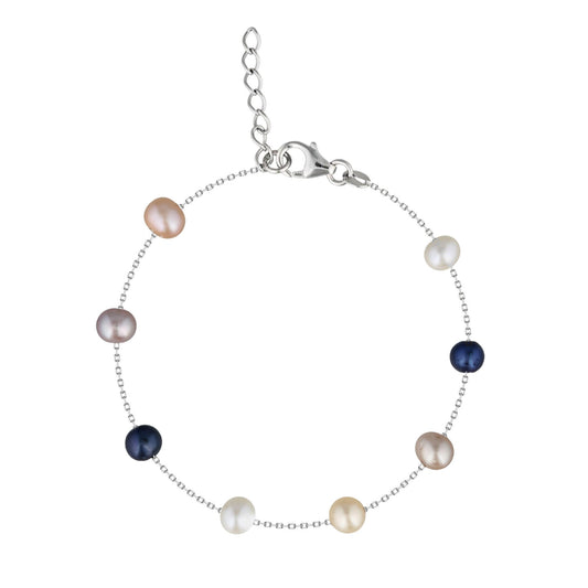 Sterling silver station bracelet with evenly placed multicolor pastel freshwater pearls. Item No. 700679