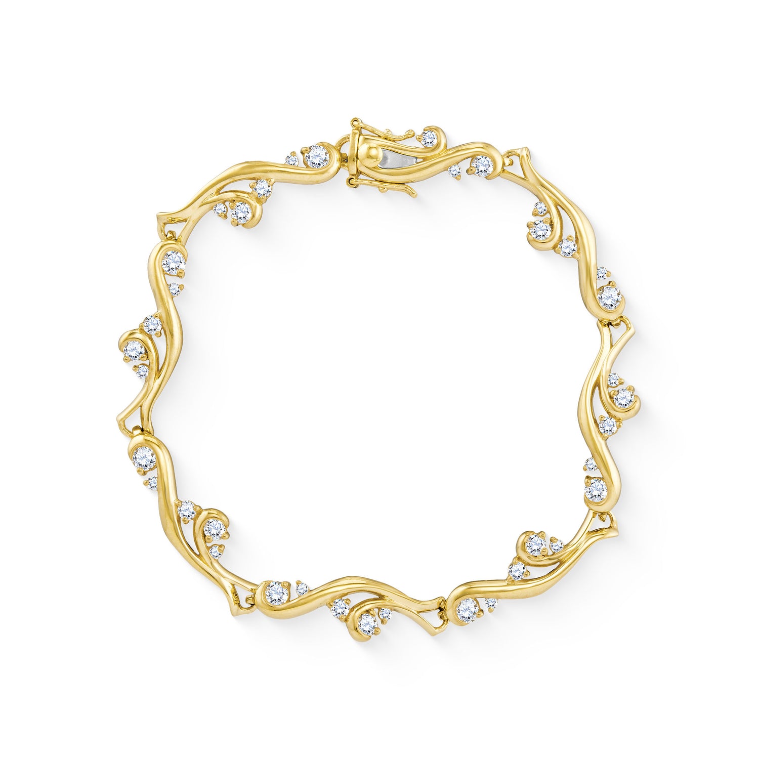 Closed link bracelet of waterfall inspired design in 14K yellow gold, glittered with diamonds. Item No. 40621