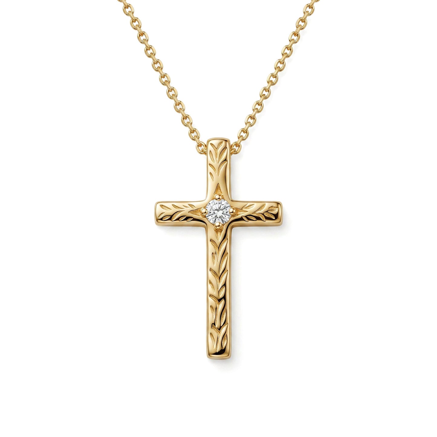 A 14K yellow gold cross pendant adorned with maile scroll engraving and a 0.02 carat diamond center. Item No. 40445