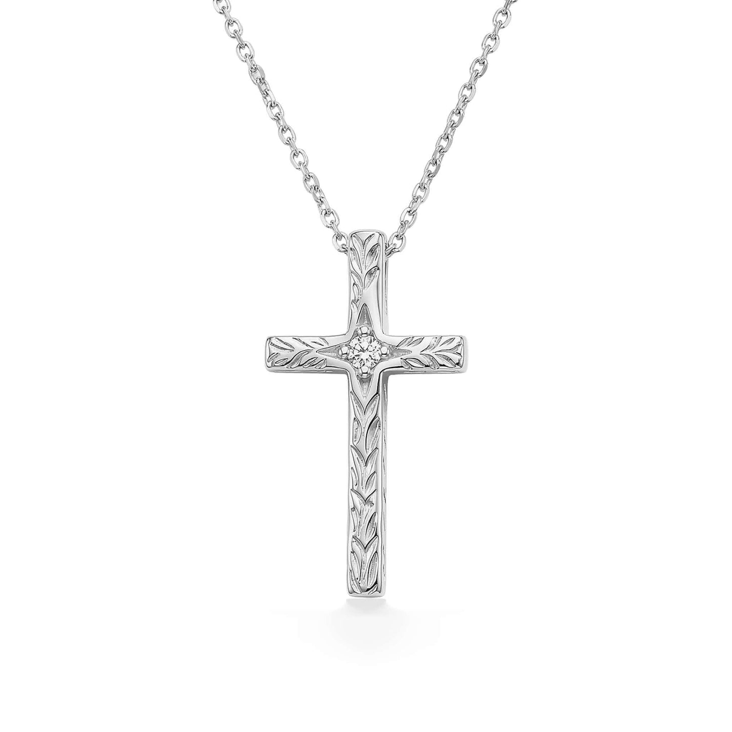 In 14K white gold, this maile scroll cross pendant showcases a 0.02 carat diamond on a 17 inch chain. Item No. 40446