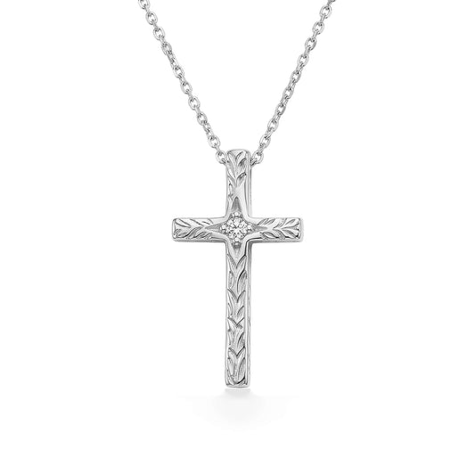 In 14K white gold, this maile scroll cross pendant showcases a 0.02 carat diamond on a 17 inch chain. Item No. 40446