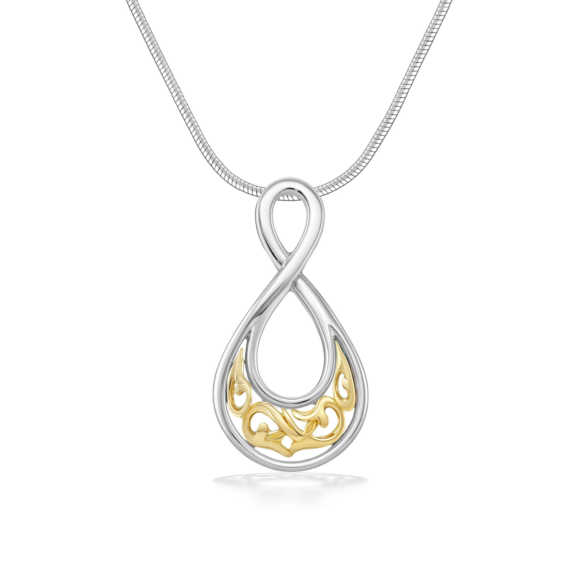 Polished sterling silver infinity-shaped pendant featuring intricate 14k yellow gold Hawaiian motif filigree. Item No. 40696