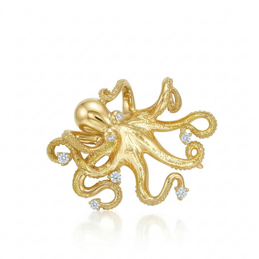 Diamond-accented octopus pendant featuring detailed tentacles & a polished 14k yellow gold finish throughout. Item No. 40767